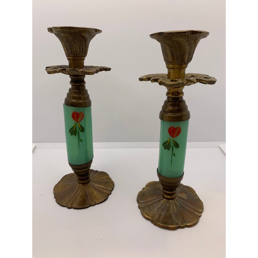 Vintage Brass And Jadite Candle Sticks 6" Tall